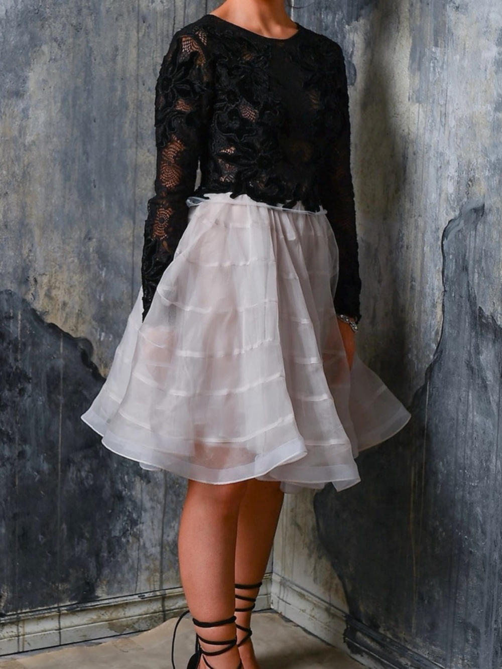Black Lace Bodice Dress with White Tiered Organza Skirt